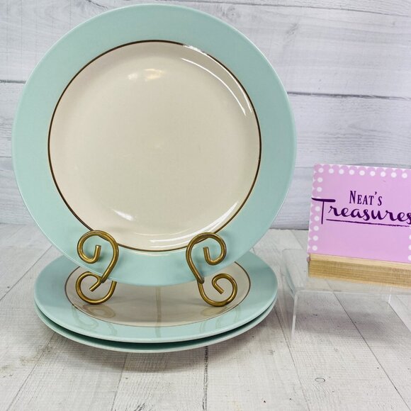 Royal Norfolk Turquoise Rim Brown Band White Stoneware Smooth Dinner Plate Set 3 - Picture 1 of 15